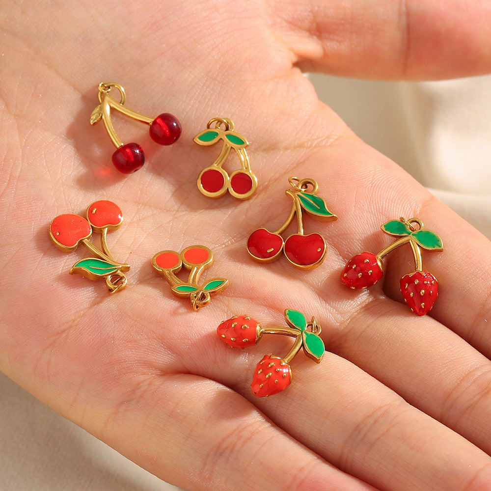 18K Gold Plated Drip Oil Stainless Steel Fruit Cherry Strawberry Charm Bar
