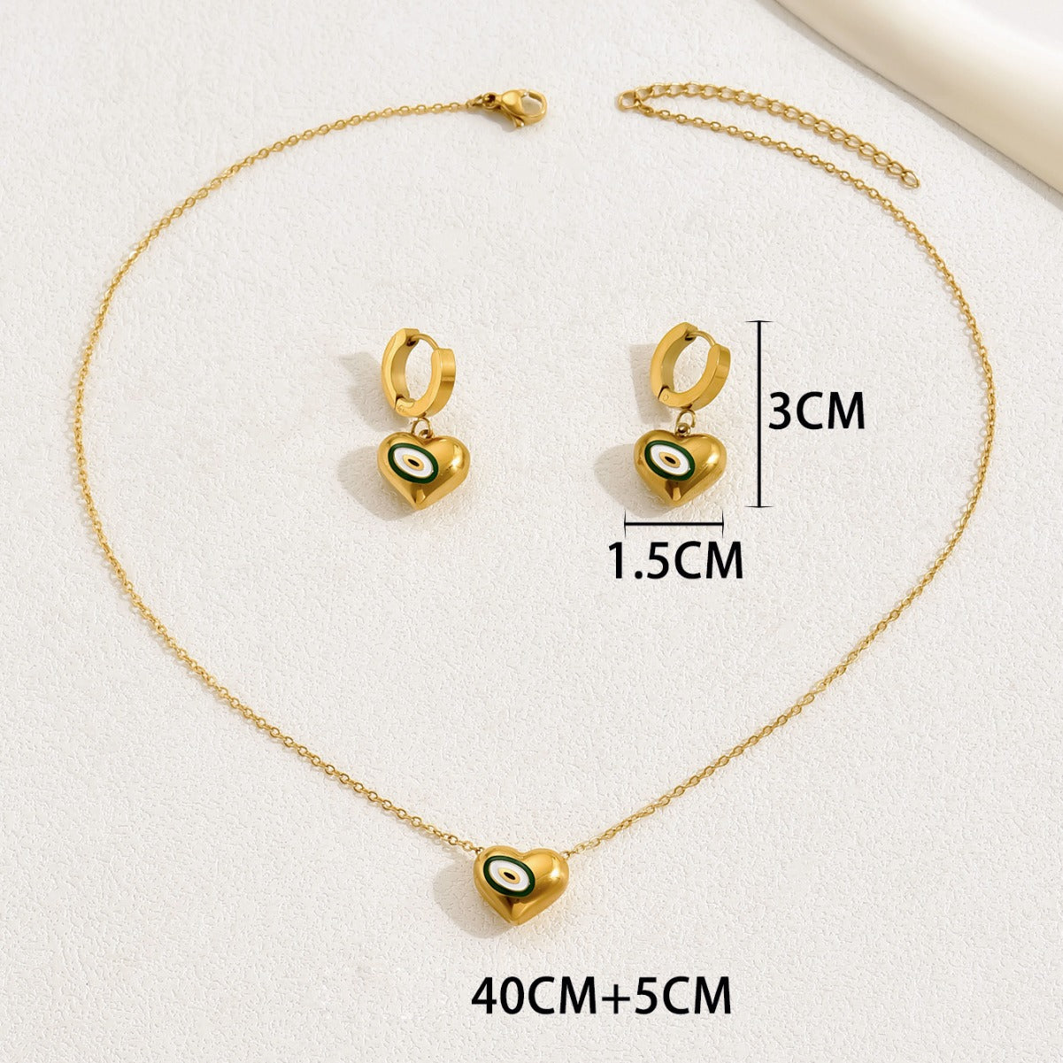 Elegante collar y aretes de cobre esmaltado con forma de corazón para mujer, juego de joyas de moda con colgante y pendientes de botón de estilo viajero