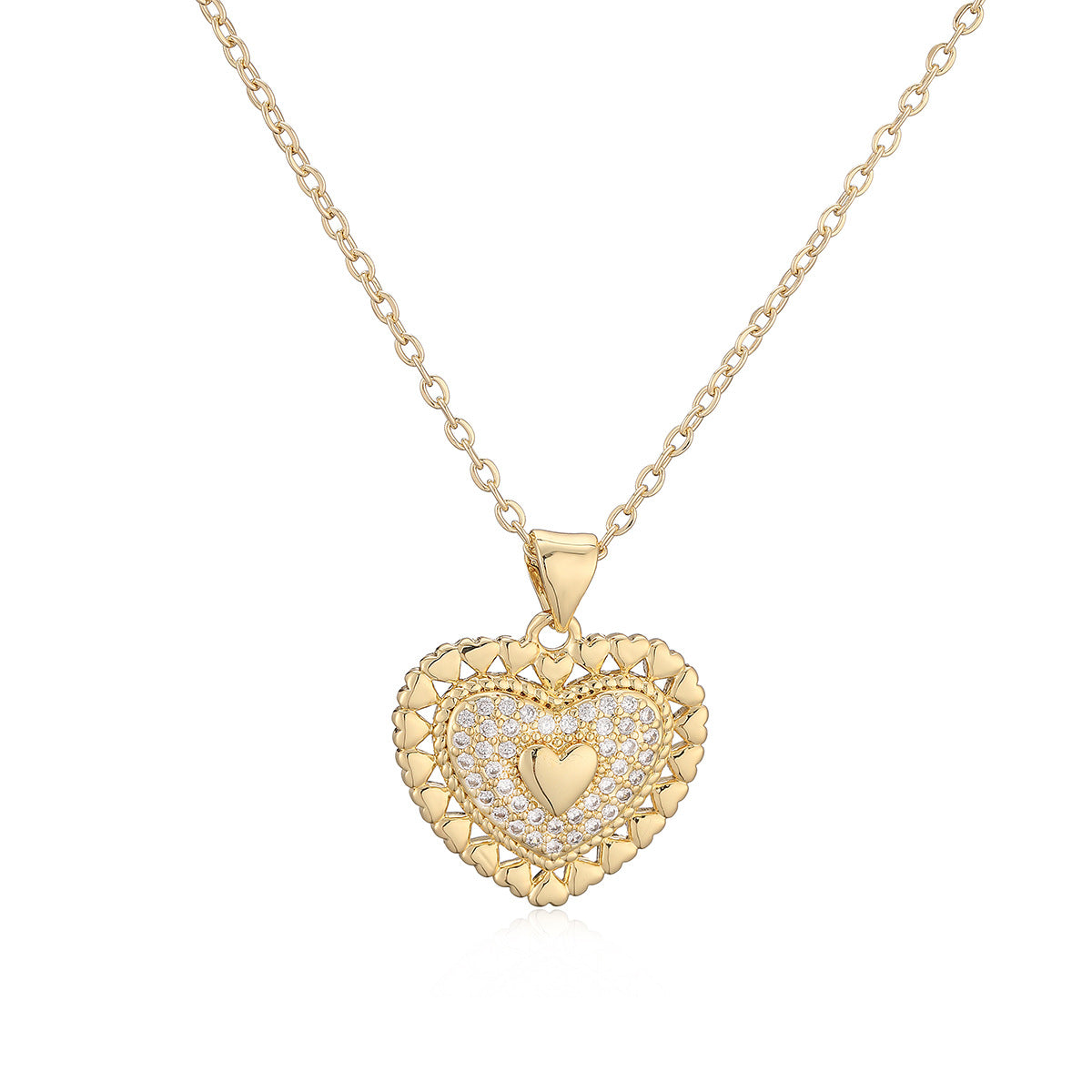 Minimalist 18K Gold Plated Brass Heart Pendant Necklace with Cubic Zirconia for Women