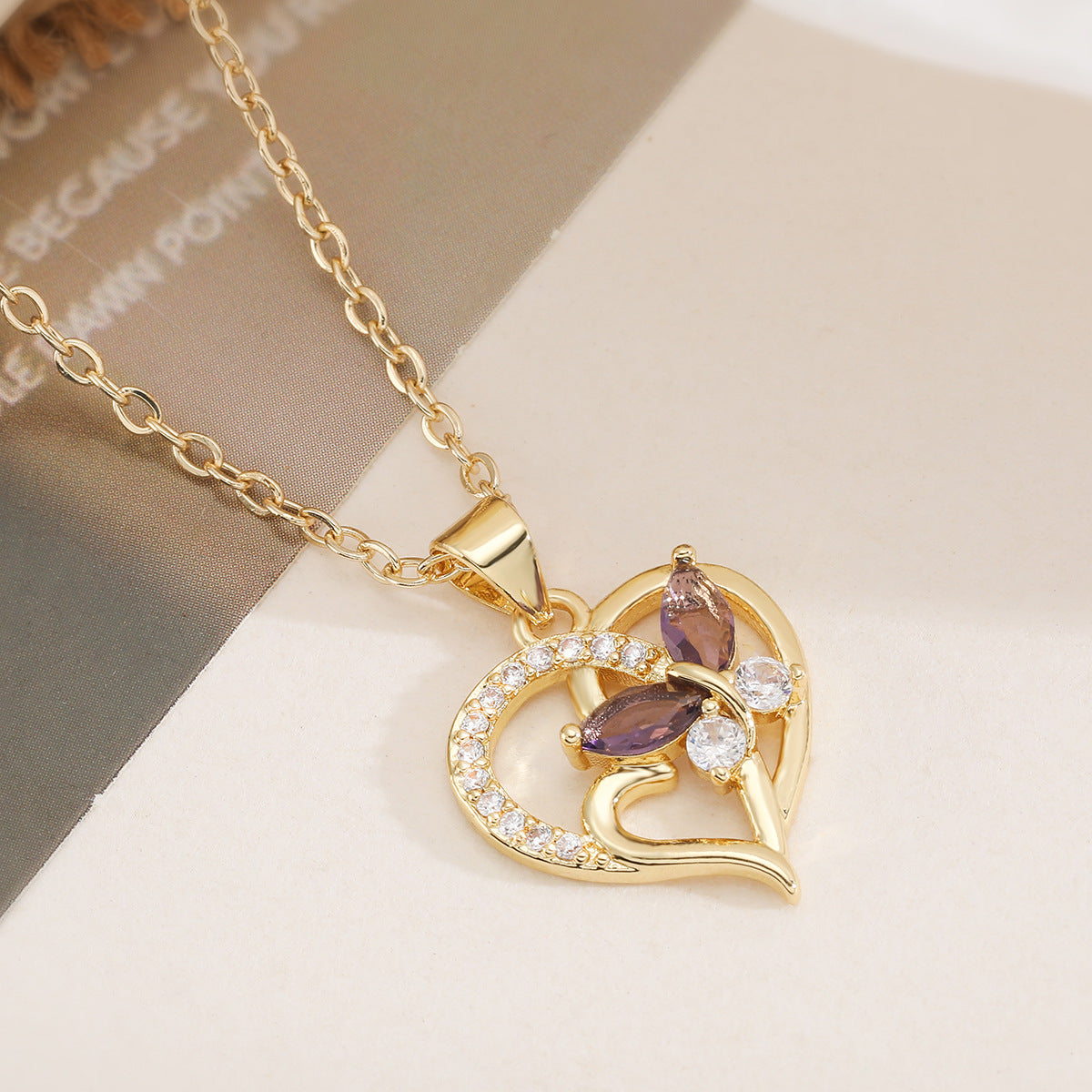 Minimalist Gold Plated Brass Heart Flower Cubic Zirconia Pendant Necklace for Women