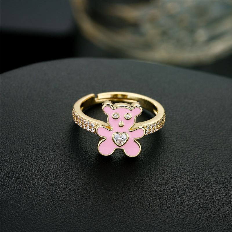 Cute Drip Oil Micro-inlaid Cubic Zirconia Brass Bear Ring for Women