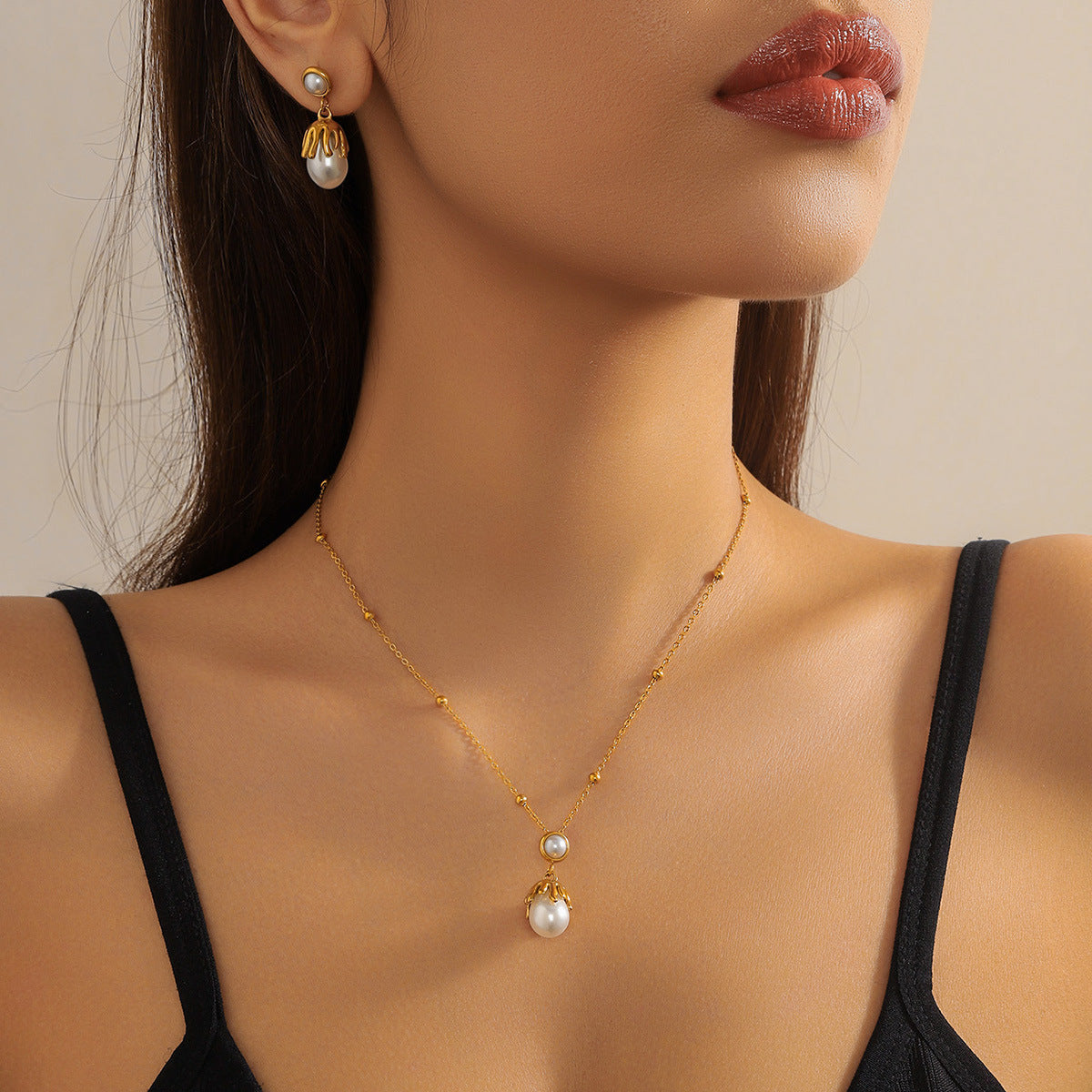 Vintage Floral Geometric Pearl Plated Stainless Steel Necklace Earring Set with Snake Chain