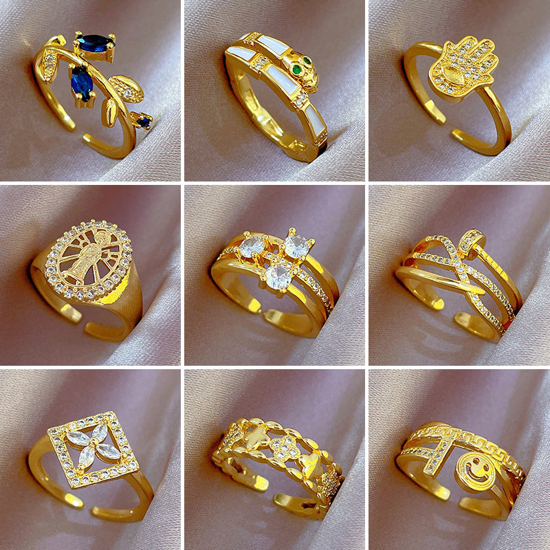 Luxury Minimalist Plated Brass Crown Rhinestone Adjustable Ring for Women
