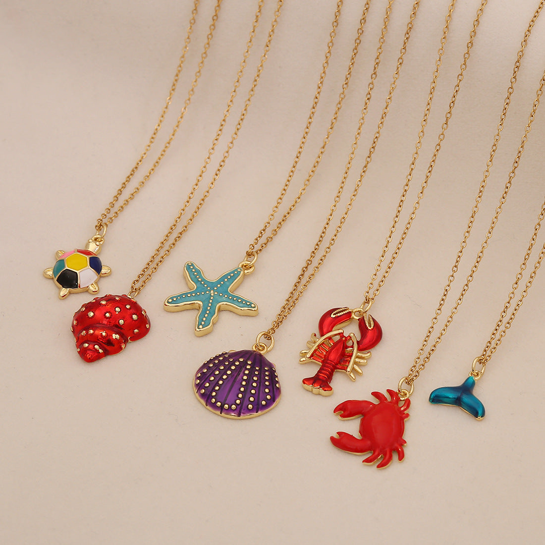 Creative Enamel Seashell Starfish Pendant Necklace in Stainless Steel for Beach Vacation