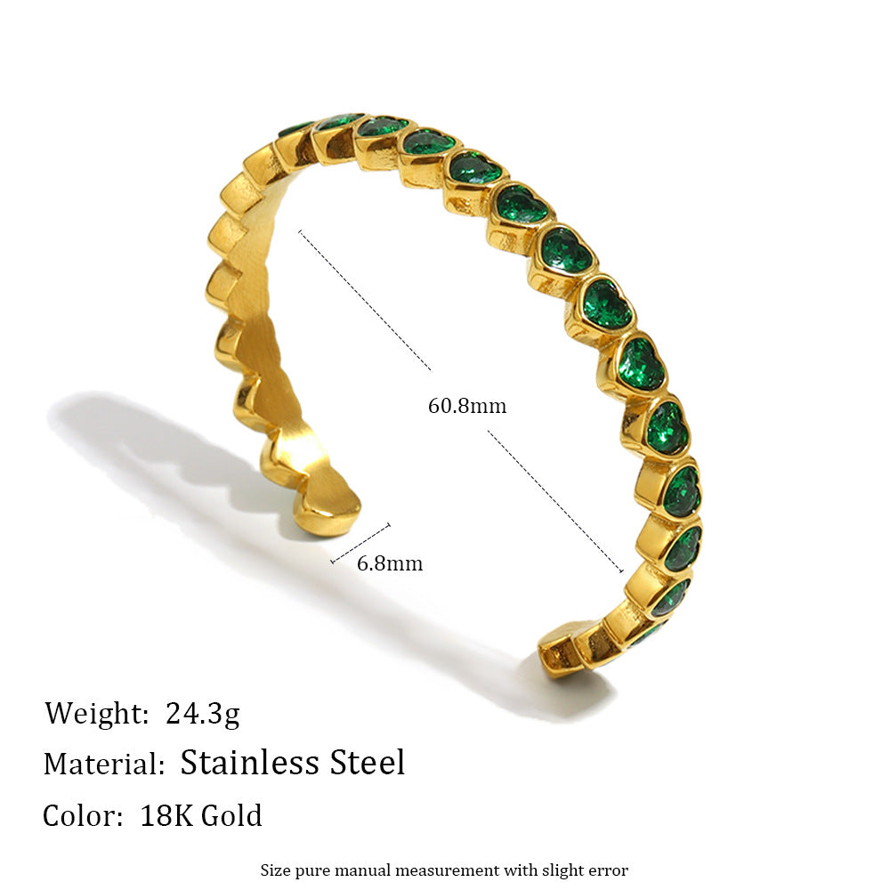 Minimalist Heart-Shaped Stainless Steel Plated 18K Gold Zirconia Full-Pavé Bracelet for Women