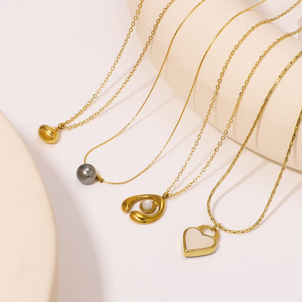 Minimalist Geometric Double-Sided Heart Pendant Necklace in Stainless Steel with Pearl and Abalone Inlay, Vacuum-Plated 18K Gold Finish