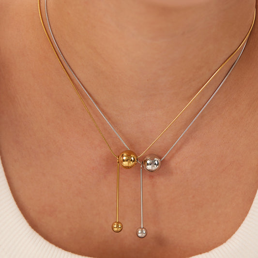 Geometric Spherical Pendant Necklace in Stainless Steel with 18K Vacuum Plated Gold Finish Snake Chain for Women