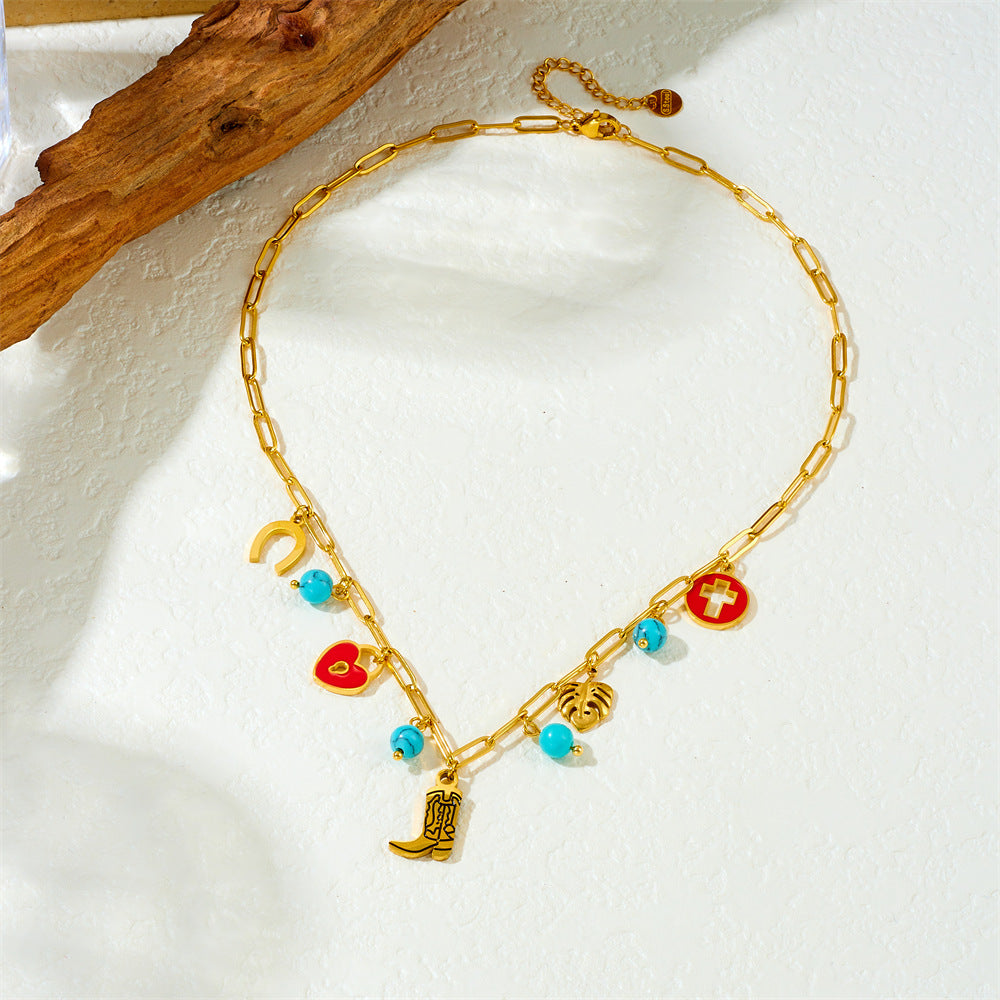 Vintage Red Drip Oil Round Hollow Cross Heart Leaf Boot Pendant Stainless Steel Necklace for Women