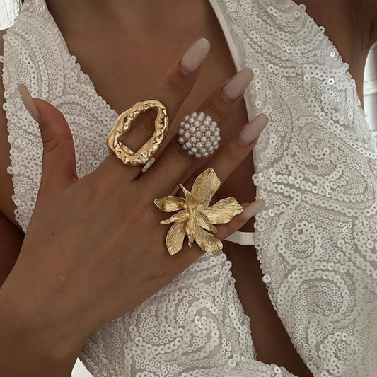 Set di anelli da donna floreali geometrici in lega placcata oro