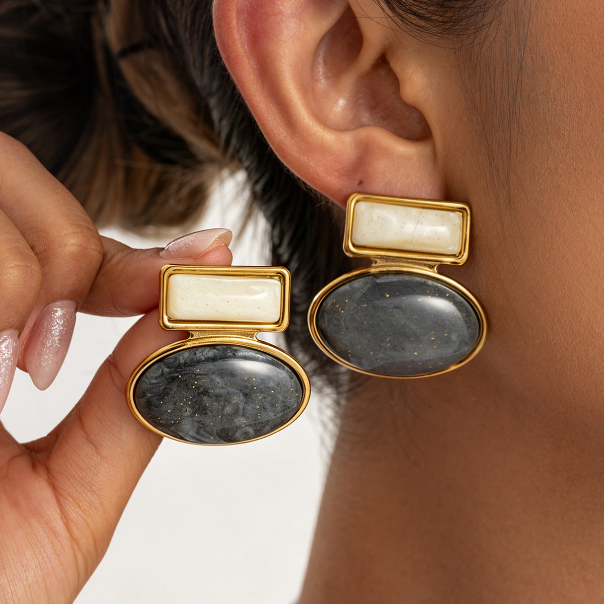 Vintage Geometric Oval Square 18K Gold Plated Stainless Steel Resin Gemstone Earrings for Women