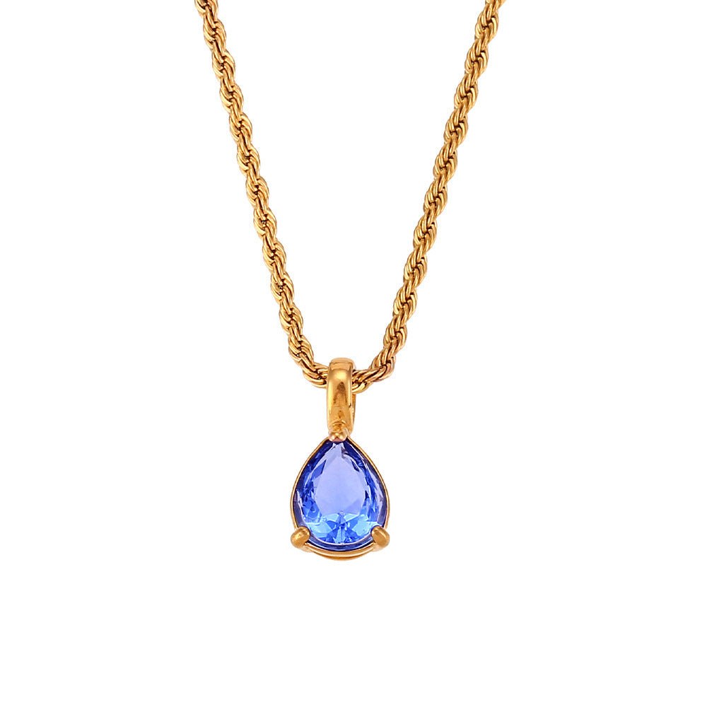 Fashionable Vintage Geometric Stainless Steel Twisted Rope Necklace with Teardrop Rhinestone Pendant for Women