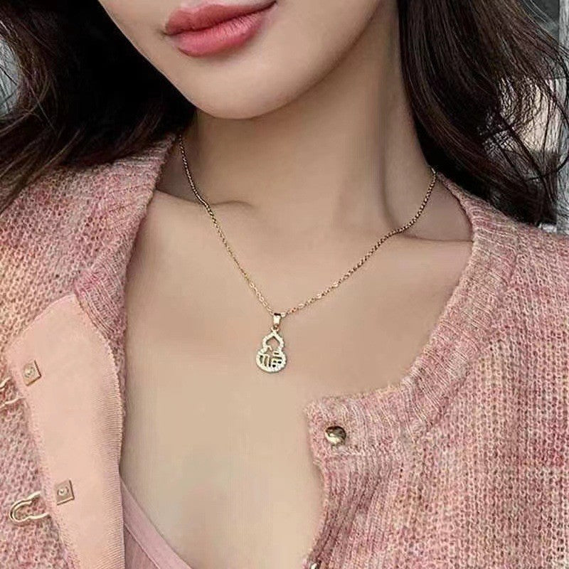 Minimalist Hollow Carved Calabash Pendant Necklace in Titanium Steel with Gold Plating for Men