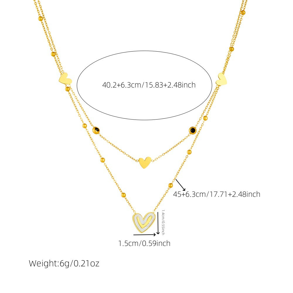 Minimalist Elegant Gold Plated Stainless Steel Heart Rhinestone Necklace with Layered Cable Chain for Women