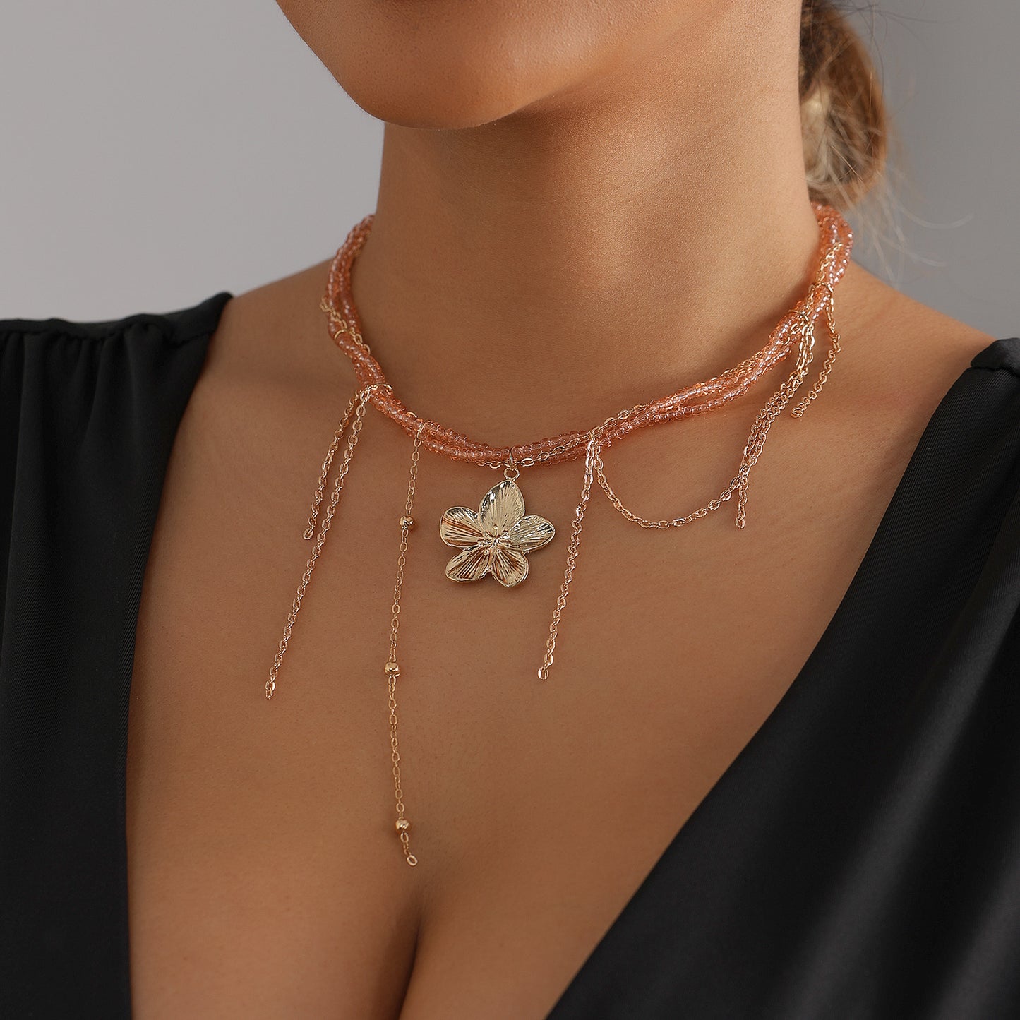 Sweet Pink Crystal Floral Geometric Heart Alloy Plated Tassel Necklace for Women