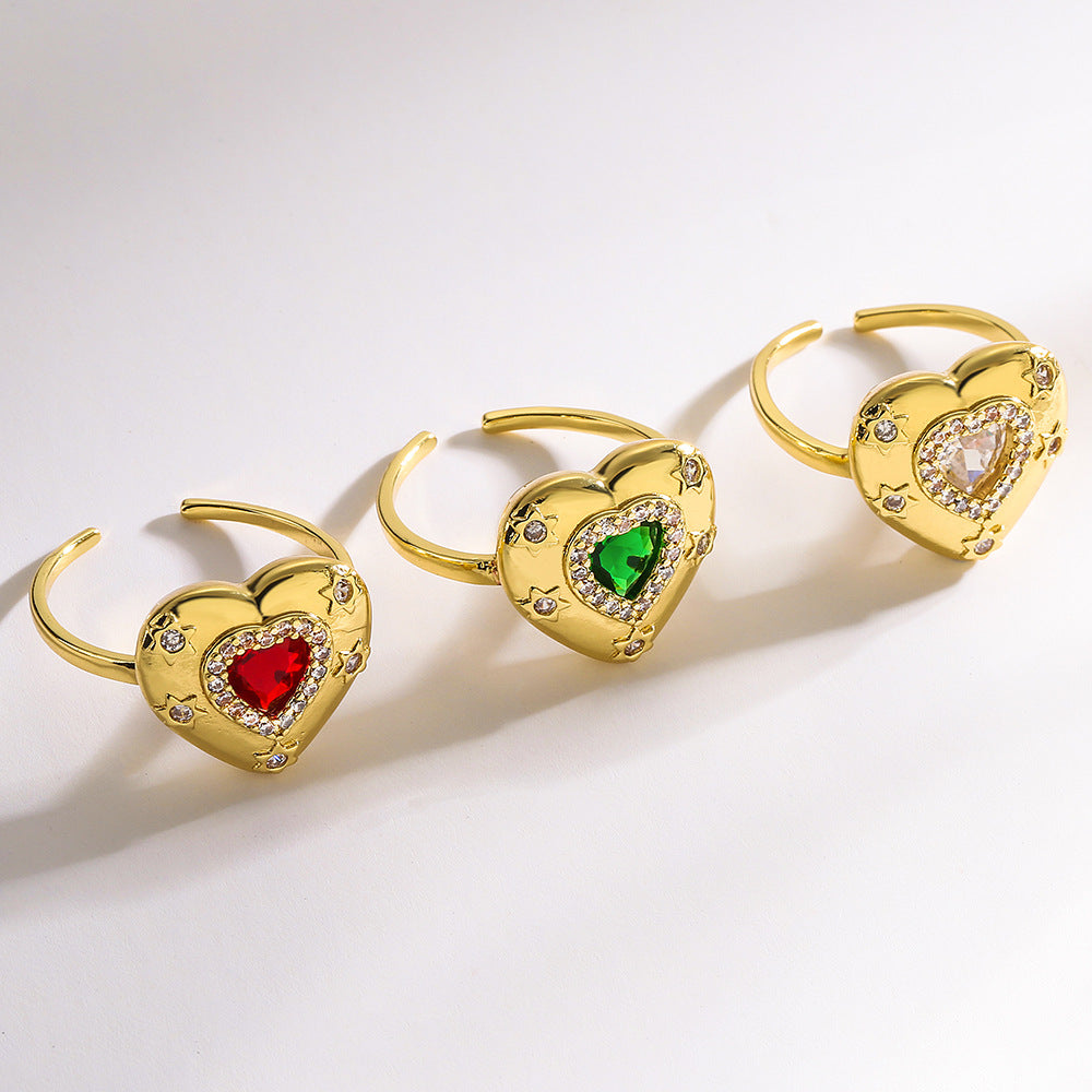 Vintage Geometric Open Ring for Women with Copper Base Plated in 18K Gold and Inlaid with Zircon Heart Accent