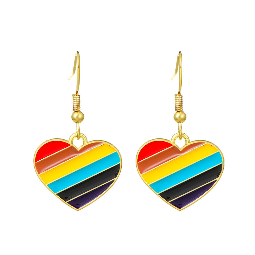 Orecchini da donna in lega con cuore arcobaleno minimalista a strisce effetto olio a goccia