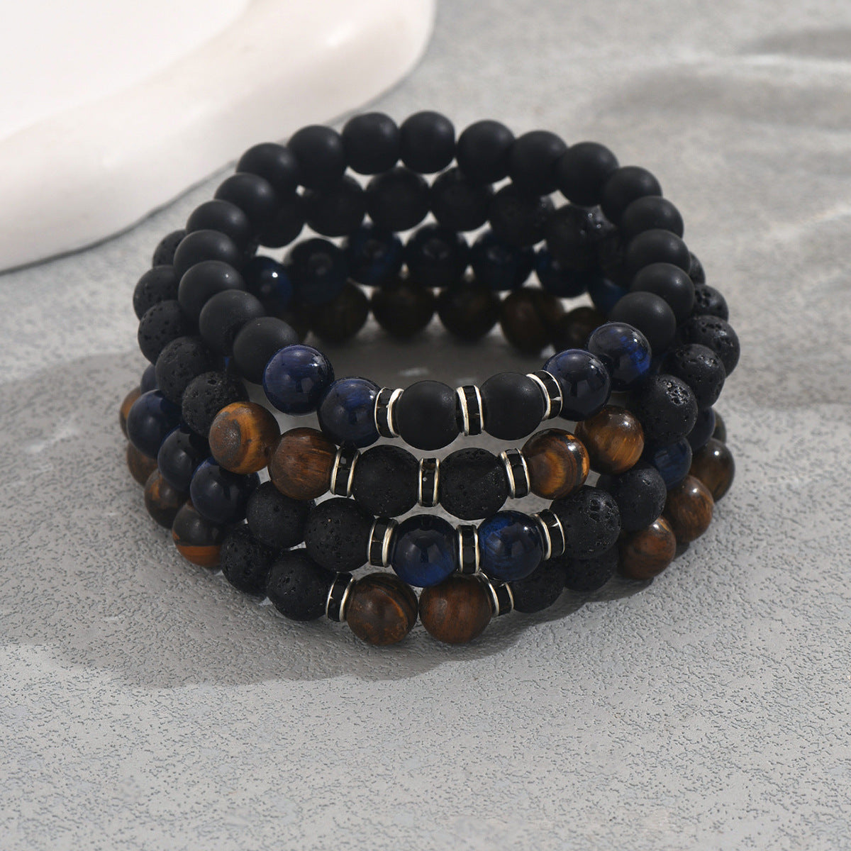 Conjunto de pulseras geométricas vintage con cuentas para unisex con cuentas de piedra natural de 10 mm, diseño ensartado a mano.