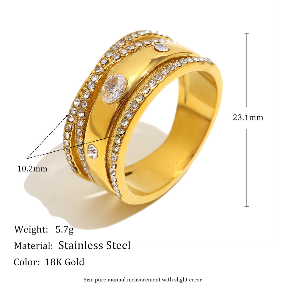 Fashionable Heart-Shaped Stainless Steel Ring with 18K Gold Plating, Hollow Star and Beaded Edge Design, Multi-Layer Zircon Accent, Office-Appropriate Minimalist Jewelry for Women
