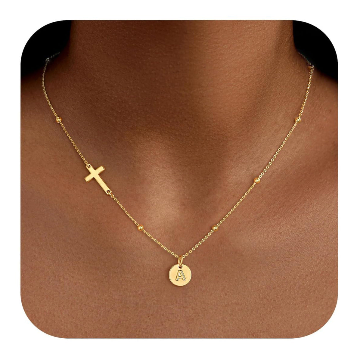 Casual Stainless Steel Cross and Letter Pendant Necklace for Women