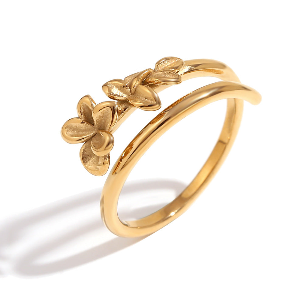 Minimalist Floral Double-Layer Open Ring in Stainless Steel with 18K Gold Plating