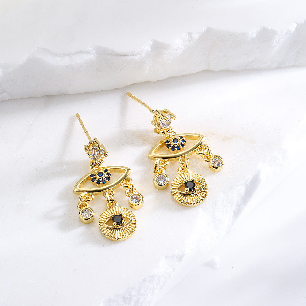 Vintage Geometric Copper Earrings with 18K Gold Plating and Zircon Evil Eye Design for Women