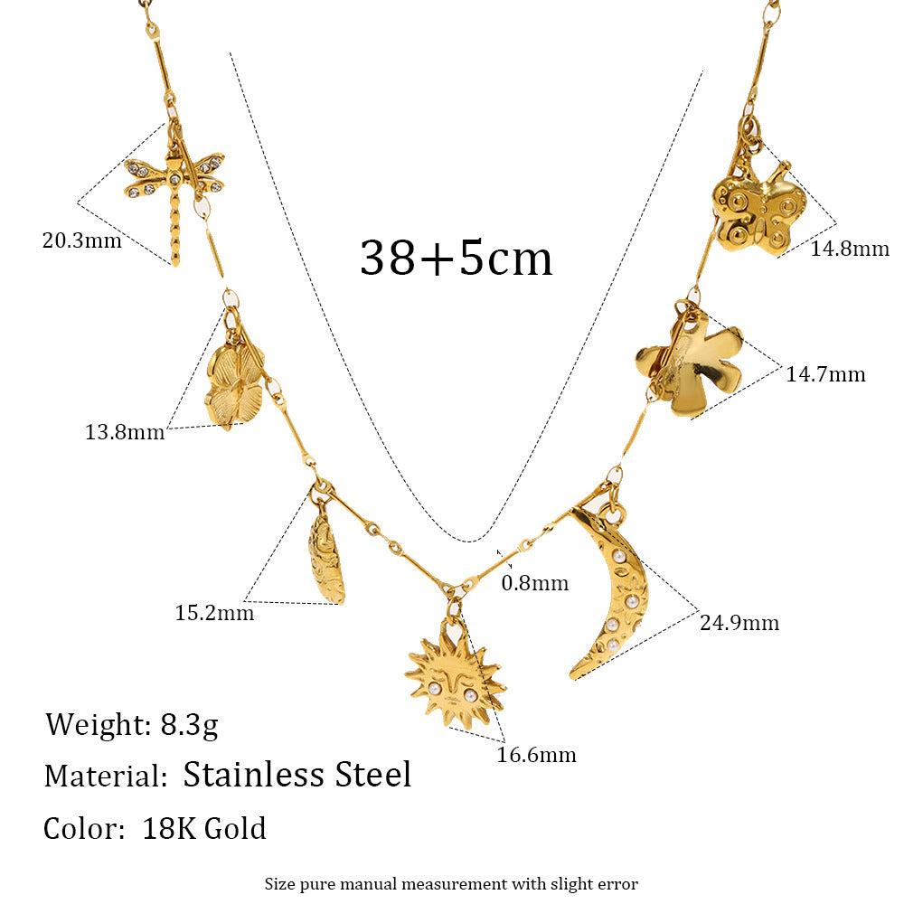 Elegant Luxury 18K Gold Plated Stainless Steel Moon Floral Pendant Necklace for Women