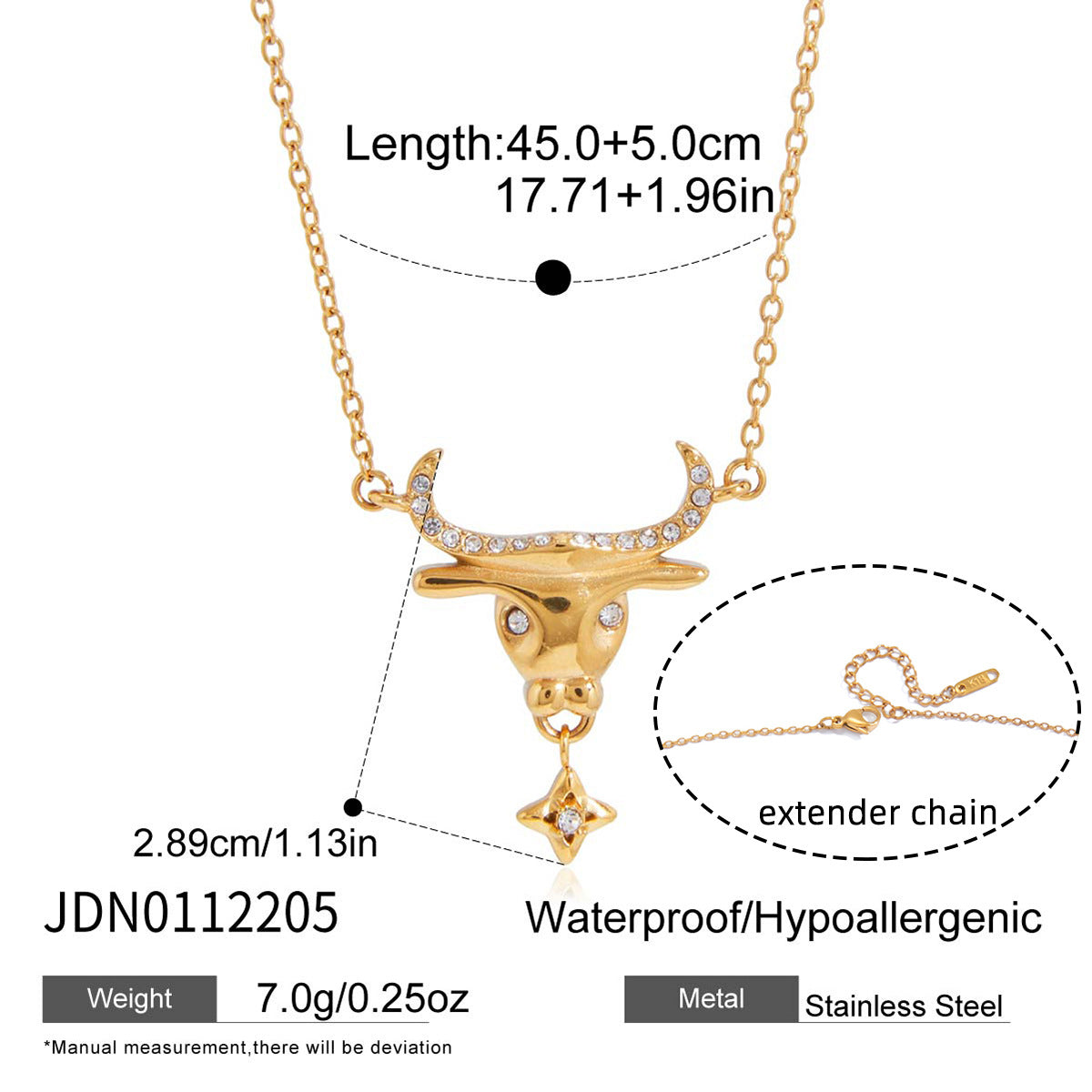 Minimalist Stainless Steel PVD Plated Geometric Bull Head Pendant Necklace with Resin and Rhinestone for Women