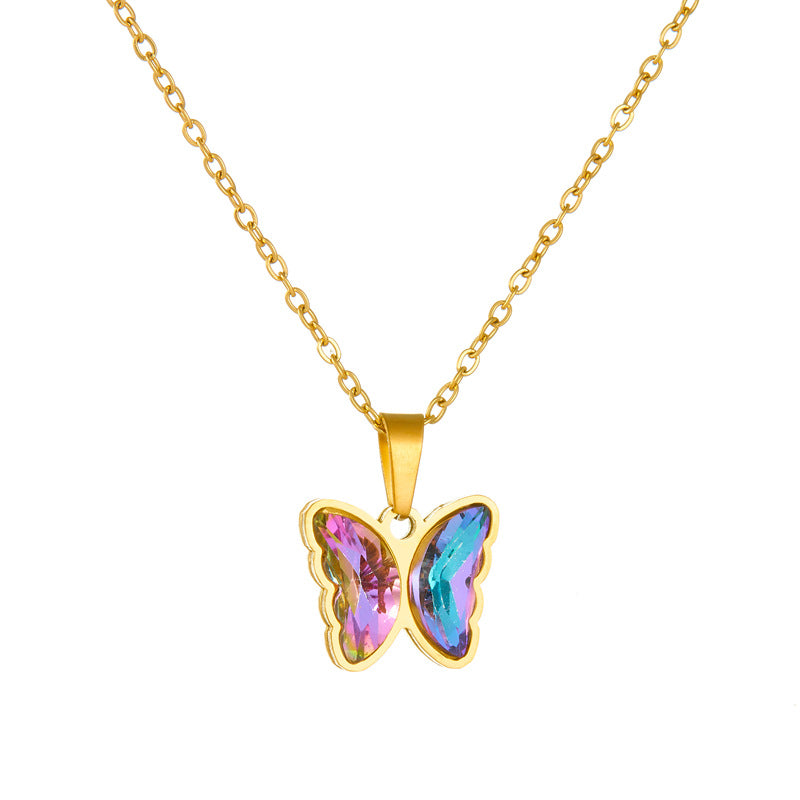 Fashion Plated Stainless Steel Butterfly Rhinestone Necklace and Earrings Set for Women