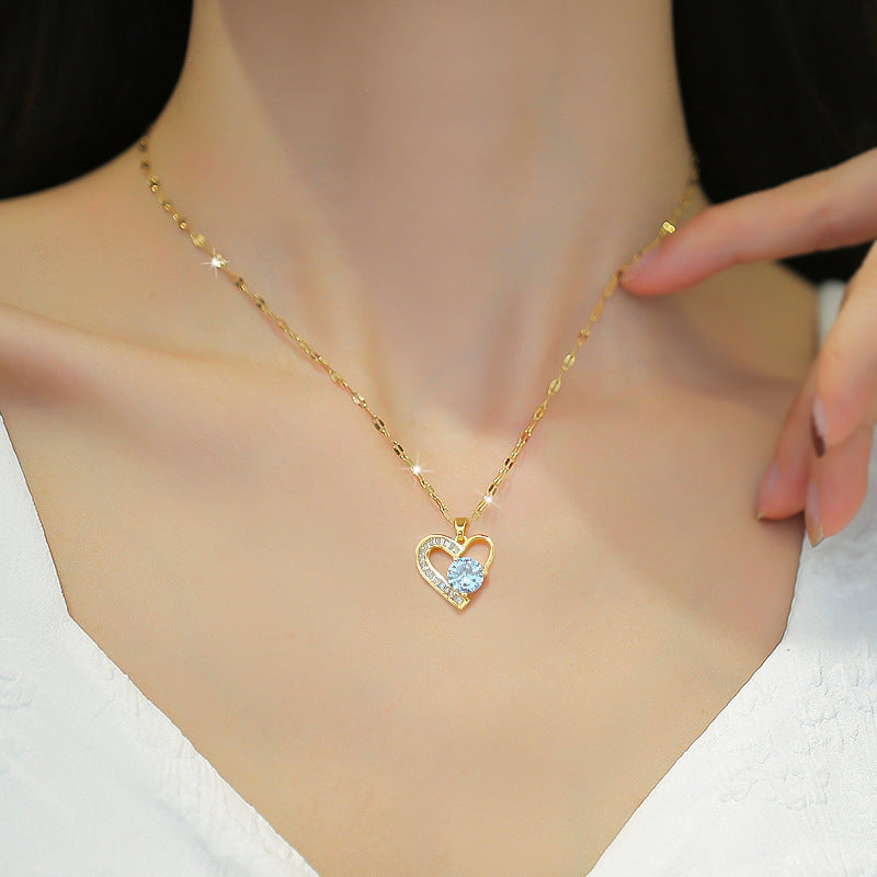 Luxury Titanium Steel Heart Chain Necklace for Women and Men with Rhinestone Inlay and Floral Accents