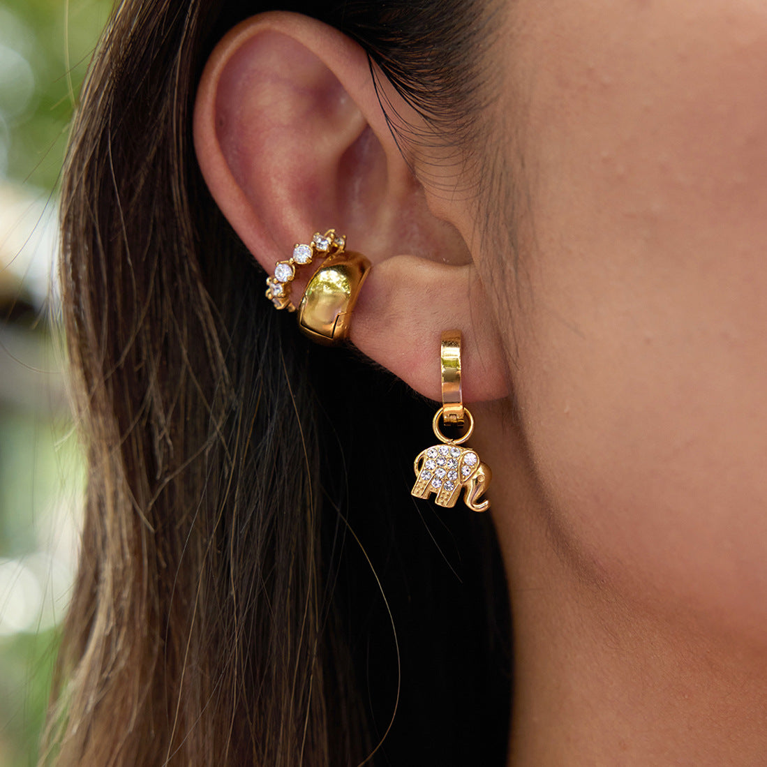 Elegant Geometric Elephant Rhinestone Inlay Plated Stainless Steel Earrings for Women