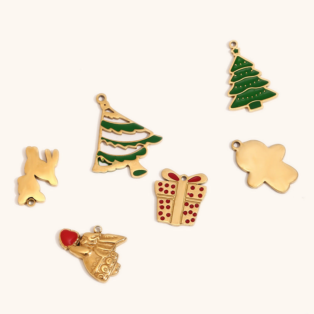 Ciondolo natalizio per creazione di gioielli fai da te in acciaio inossidabile con placcatura in oro 14K e finitura smaltata con motivi di Babbo Natale, alci, fiocchi di neve e confezioni regalo