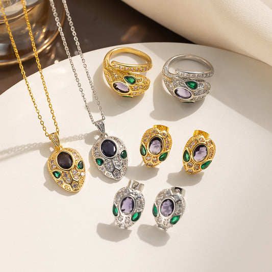 Conjunto de Lujo de Collar, Pendientes y Anillo de Acero de Titanio con Forma de Serpiente, con Zirconia y Colgante de Amatista, Hipoalergénico, Chapado al Vacío, Diseño de Cadena Tipo O