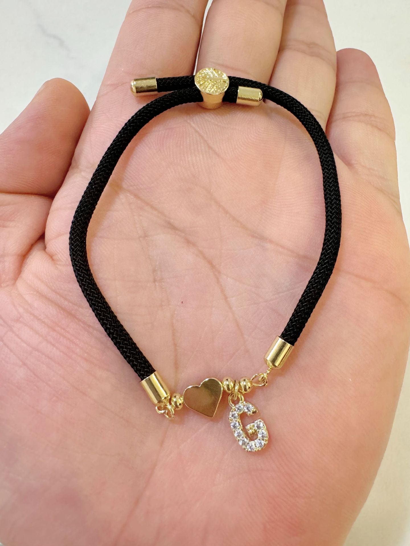 Minimalist Letter Heart Brass Plated Cubic Zirconia Bracelet with Adjustable Black Cord for Women