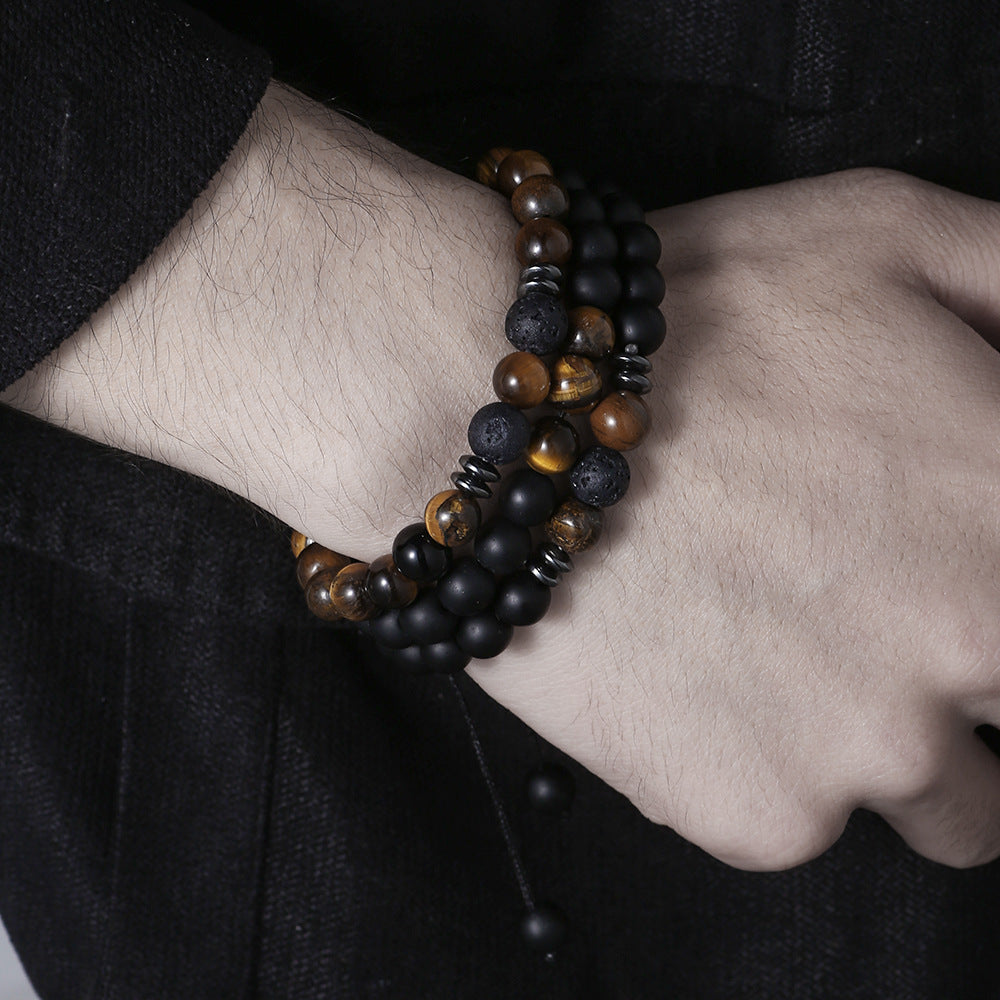 Handmade Geometric Obsidian Beaded Bracelet Set for Men and Women