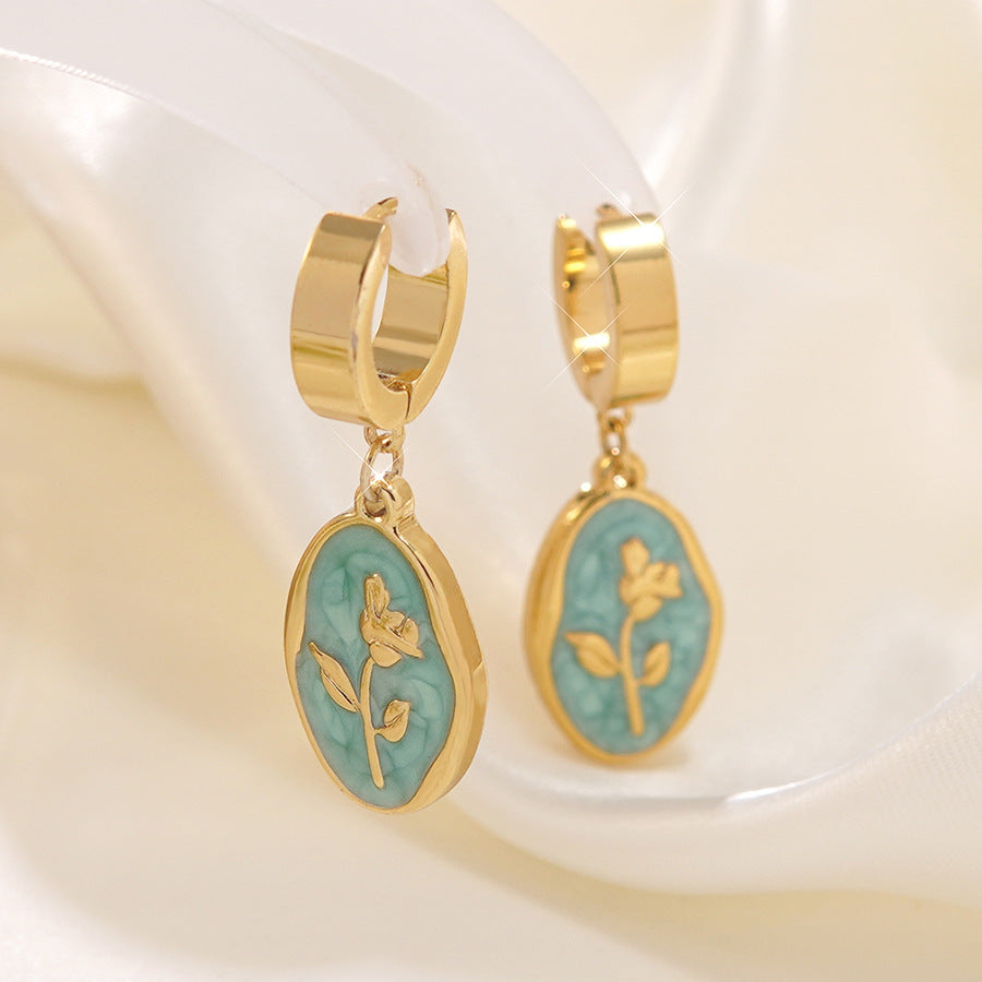 Vintage Floral Drip Oil Stainless Steel Rose Earrings for Women