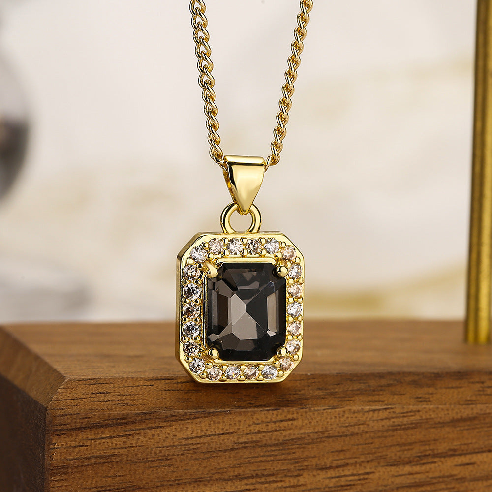 Geometric Square Zircon Pendant Necklace for Women in Copper with Fashionable Minimalist and Office-Appropriate Design