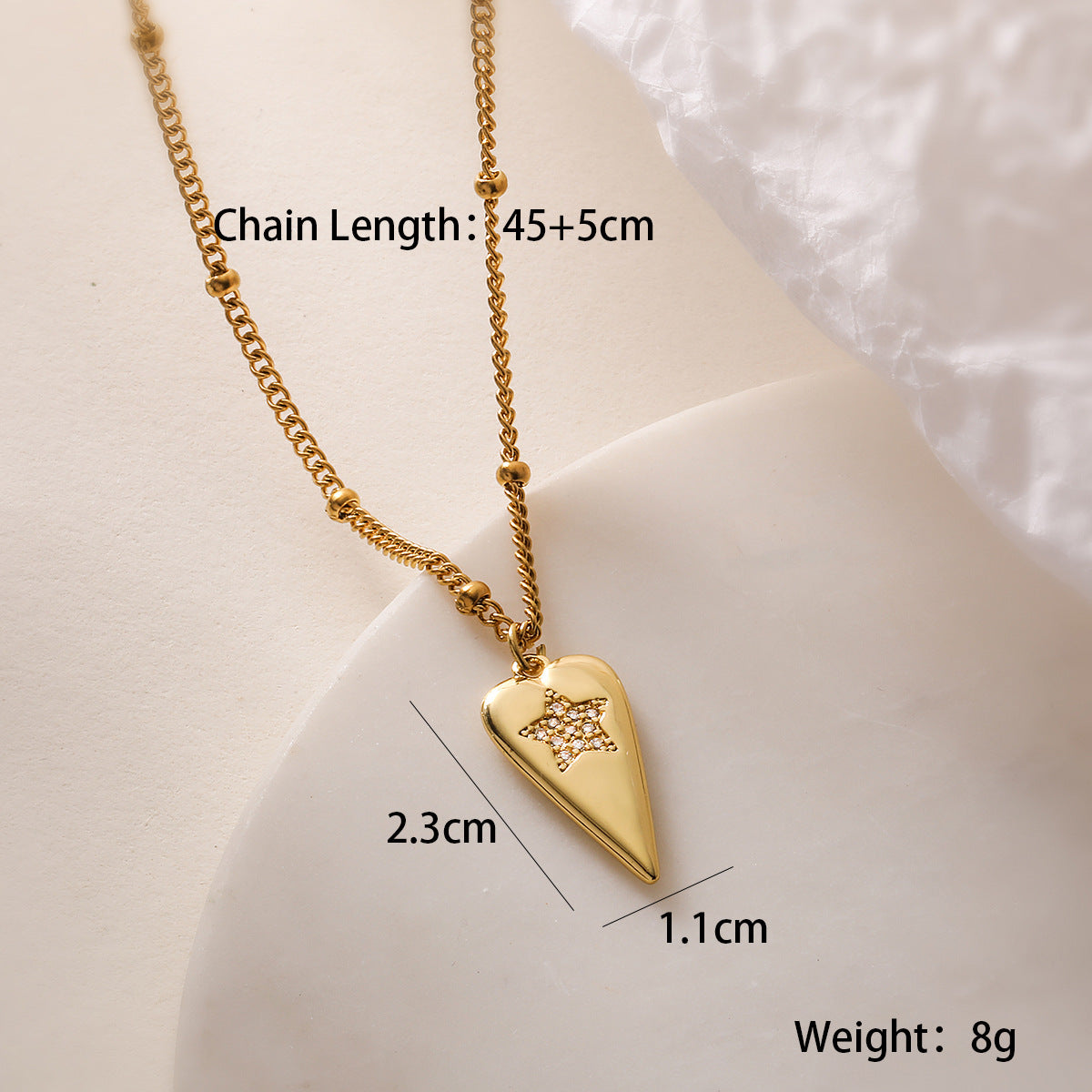 Collana da donna con ciondolo a forma di cuore in rame placcato oro 18K e zirconi, stile vintage