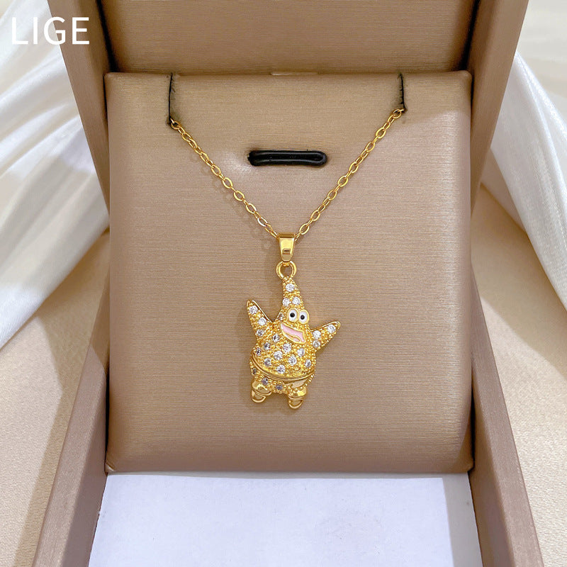 Collar con colgante de estrella de mar geométrica minimalista en acero de titanio con detalles de diamantes de imitación para mujer y hombre