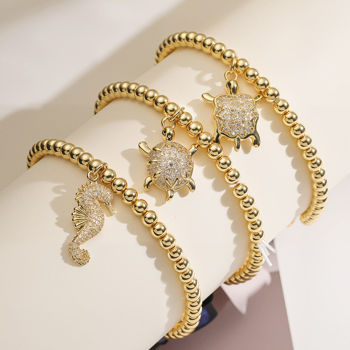 Fashion Cute 18K Gold Plated Cubic Zirconia Turtle Animal Brass Ball Chain Bracelet for Women
