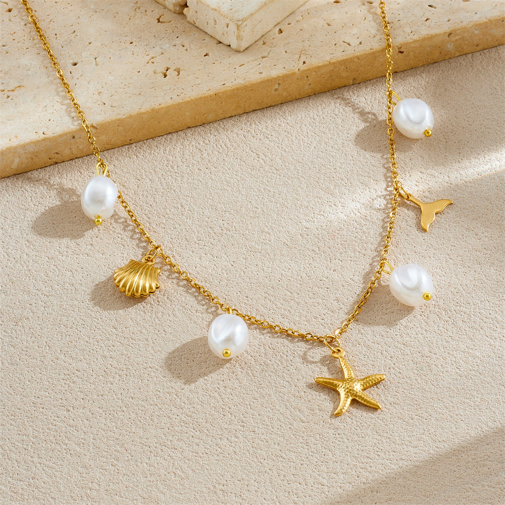 Minimalist Chic Gold Plated Irregular Starfish Mermaid Tail Seashell Pearl Pendant Stainless Steel Necklace for Women