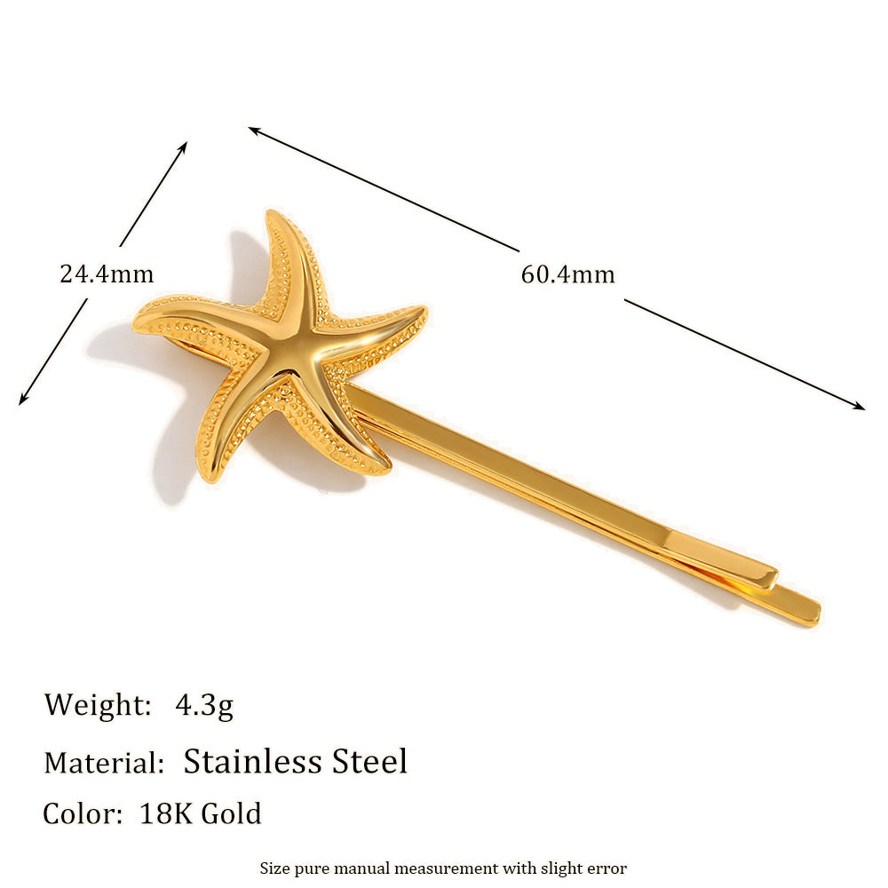 Fashionable Minimalist Starfish and Scallop Hair Clip for Women in Stainless Steel with 18K Gold Plating
