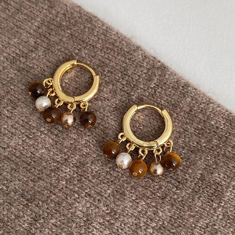 Orecchini a perno geometrici vintage in occhio di tigre, in acciaio placcato oro 18 carati da donna