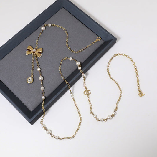Vintage Gold Plated Brass Bow Sweater Chain for Women