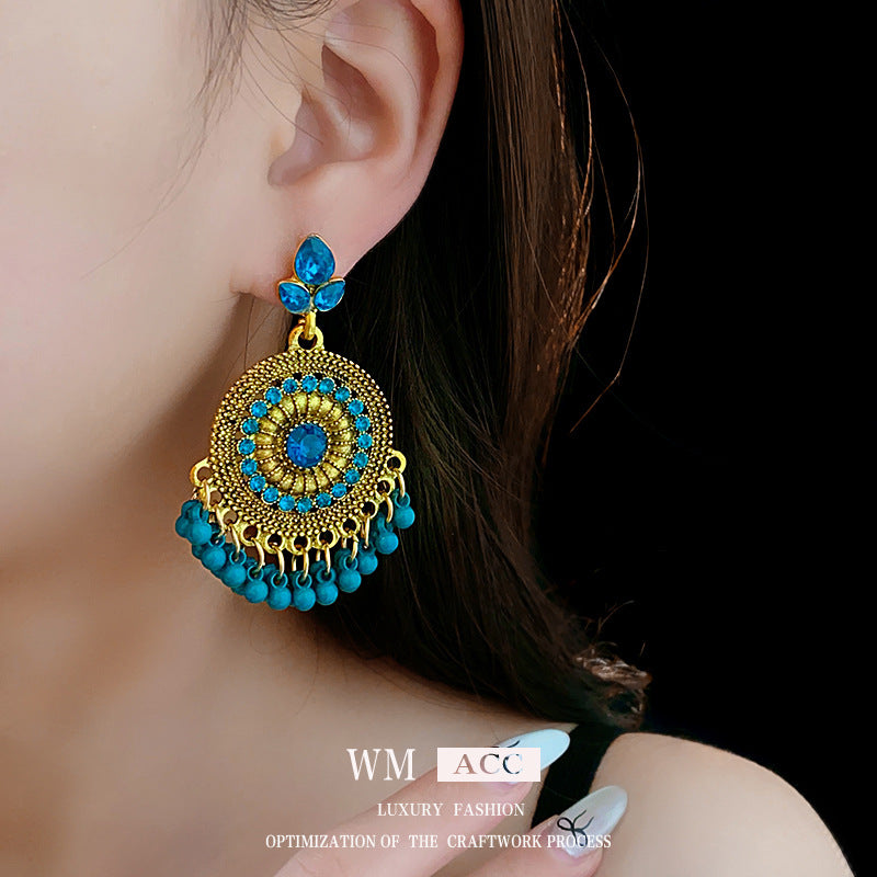 Vintage Ethnic Floral Earrings with Rhinestone Inlay in Alloy and Steel Posts, Geometric and Teardrop-Shaped Dangle Earrings for Women
