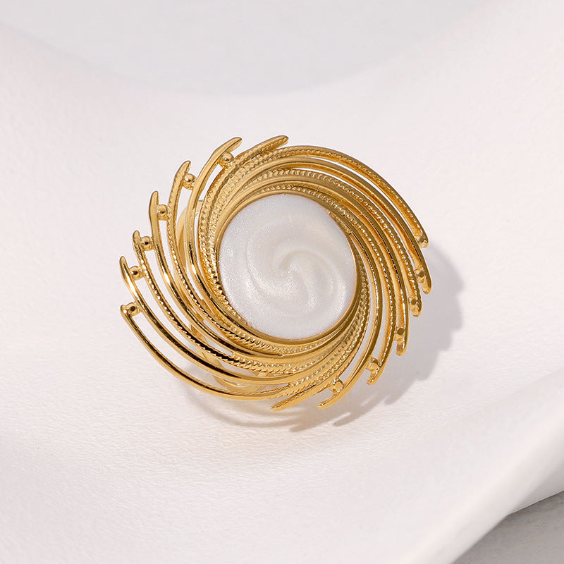 Vintage Geometric Enamel Stainless Steel Ring for Women with Polished Finish and Open Band Design
