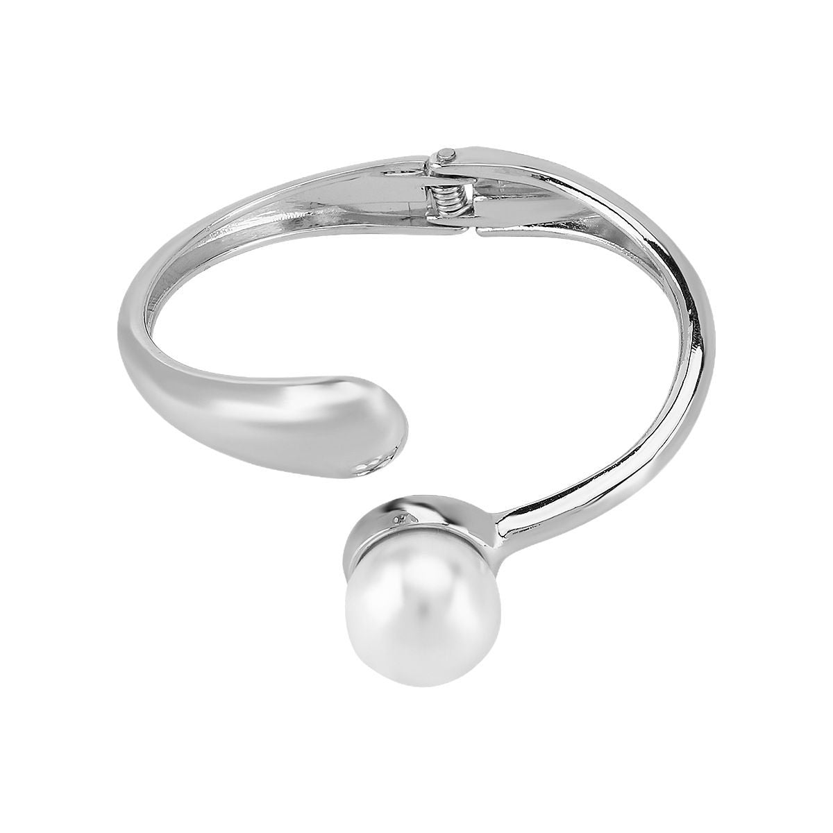 Pulsera de Puño de Metal Minimalista de Inspiración Francesa para Mujer con Acentos de Perlas y Acabado Bañado