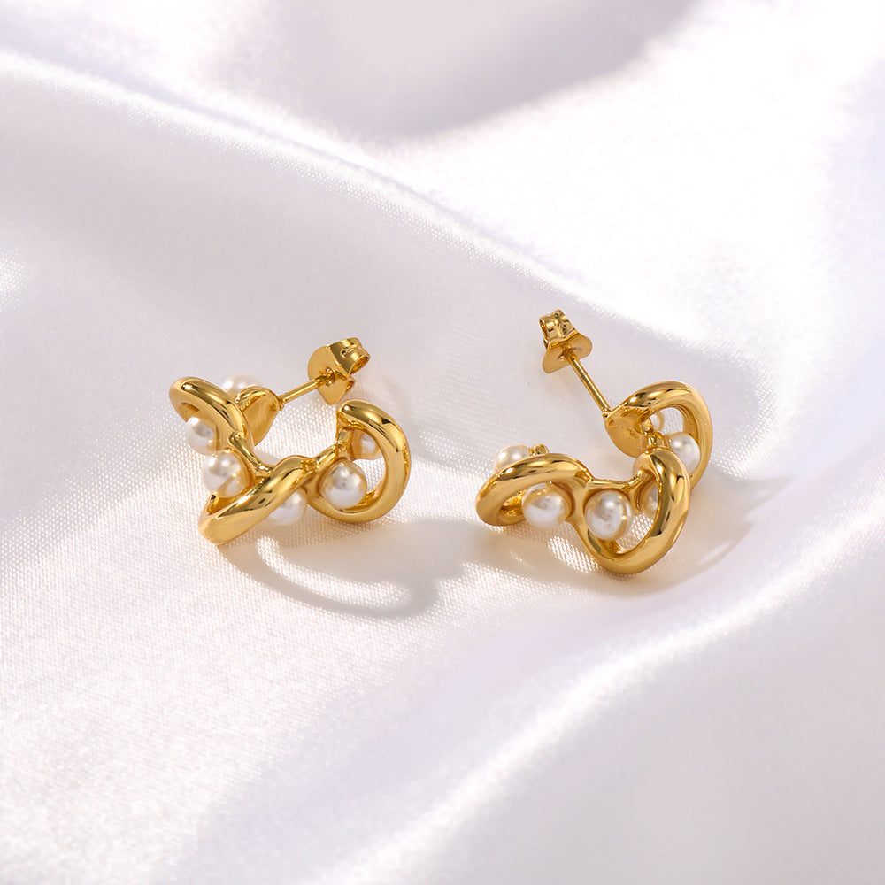 Geometric Pearl-Inlaid Stainless Steel Hoop Earrings with C-Shaped Hollow Design and Vacuum Gold Plating for Women