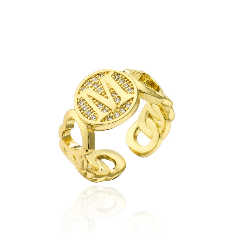 18K Gold Plated Brass Micro-Paved Cubic Zirconia Heart Letter Cuban Link Chain Open Ring for Women