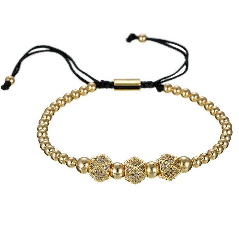 Unique Geometric Handmade Brass Bracelet with Cubic Zirconia and Adjustable Beads