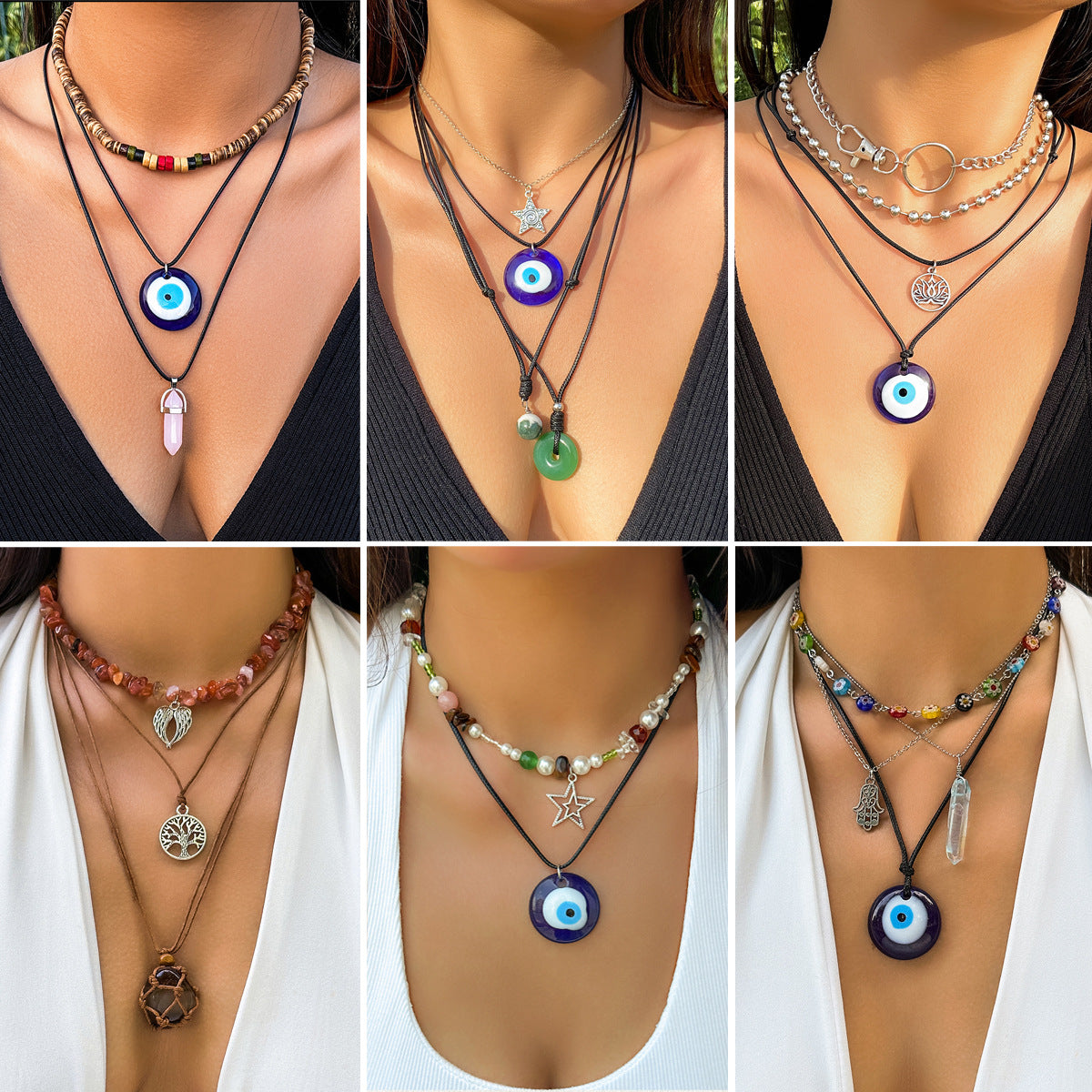 Y2K Blue Evil Eye Geometric Alloy Pendant Beaded Wax Cord Necklace for Women